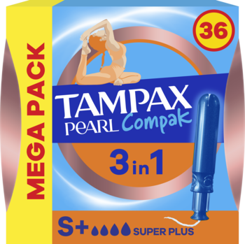 Mega Pack Tampax Pearl Compak Super Plus (36 szt.) z joginką i aplikatorem, na żółto-niebieskim tle.