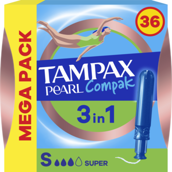 Front opakowania tamponów Tampax Pearl Compak Super 3in1 Mega Pack 36 szt., niebiesko-żółte z aplikatorem.