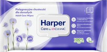 Fioletowe opakowanie chusteczek Harper Care by Cleanic dla dorosłych, z lnem, pH, 100% biodegradowalne, wegańskie.