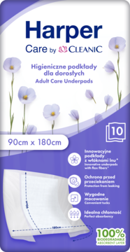Harper Care Adult Underpads 90x180cm, biało-fioletowe opakowanie, widok z przodu, z podkładem i lnem.