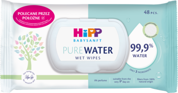 HiPP Baby Sanft Pure Water chusteczki nawilżane dla niemowląt, 99,9% wody. Opakowanie biało-turkusowe z klapką.