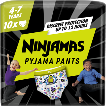 Czarna paczka Ninjamas Pyjama Pants dla dzieci 4-7 lat, z zielonym logo i grafiką dzieci, dyskretna ochrona.