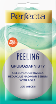Perfecta peeling gruboziarnisty w saszetce, zielono-żółte tło, srebrny panel z napisem Peeling.