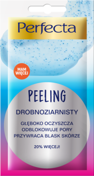 Perfecta Peeling drobnoziarnisty w niebiesko-różowej saszetce z srebrnym napisem, głęboko oczyszcza i odblokowuje pory.