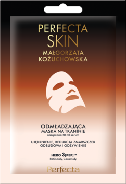 Perfecta Skin odmładzająca maska w płachcie z Hero 3PEP, retinoidami, ceramidami. Brązowe opakowanie, widok z przodu.