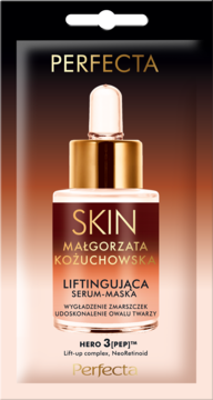 Perfecta Skin Liftingująca Serum-Maska z Hero 3[PEP] w ciemnym opakowaniu z widoczną butelką z zakraplaczem.