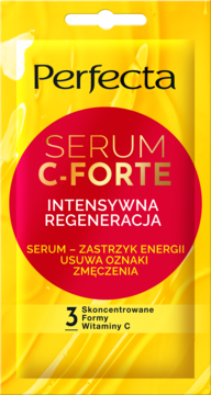 Perfecta SERUM C-FORTE regenerujące z witaminą C, w żółtej saszetce, widok z przodu. Zmniejsza oznaki zmęczenia.