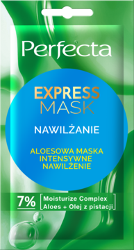Perfecta Express Mask nawilżająca, zielona saszetka z 7% Moisturize Complex, aloesem i pistacją, z przodu.