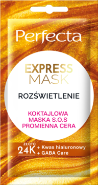 Perfecta Express Mask rozświetlająca saszetka, lśniące złoto z 24K złotem i kwasem hialuronowym, widok z przodu.