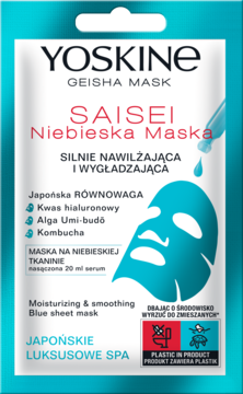 Niebieska maska Yoskine Geisha Mask Saisei, silnie nawilżająca, w prostokątnym opakowaniu, widok z przodu.