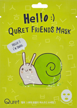 Quret Friends Mask, zielona maska w płachcie ze śluzem ślimaka, z wizerunkiem uśmiechniętego ślimaka na froncie.