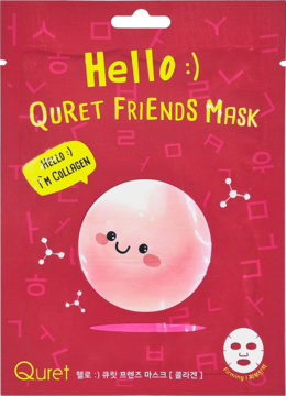 Czerwona maska kolagenowa Quret Hello Friends Mask, z różową kulą "I'm Collagen" i koreańskimi literami, widok z przodu.
