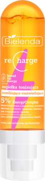 Bielenda Recharge, mgiełka tonizująca nawilżająco-rozświetlająca, pomarańczowa butelka z różową błyskawicą.