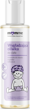 Momme Oliwka Wygładzająca dla niemowląt z atopową skórą, biała butelka z fioletową etykietą i dzieckiem, widok z przodu.