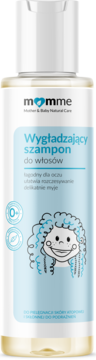 Momme wygładzający szampon 0+ w białej butelce z niebieską etykietą i rysunkiem dziecka, widok z przodu.