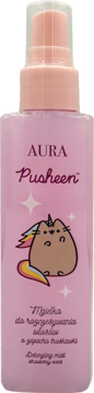 Różowa mgiełka Aura Pusheen do rozczesywania włosów o zapachu truskawki, z jednorożcem, widok z przodu.