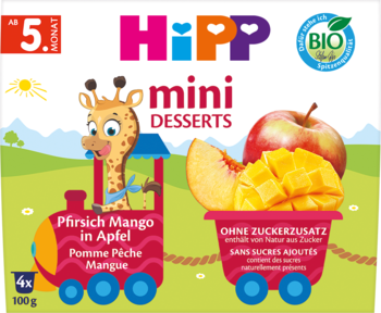 HIPP Mini ,przecier owocowy dla niemowląt, Jabłka-Brzoskwinie-Mango, ekologiczny, po 5. m-cu,przód