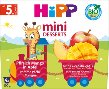 HiPP mini DESSERTS Jabłko Brzoskwinia Mango, zielono-żółte opakowanie z żyrafą, bez cukru, widok z przodu.