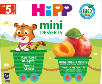 HiPP BIO Mini Desserts Aprikose w Jabłku, przecier owocowy dla niemowląt od 5. miesiąca, bez cukru, przód opakowania.