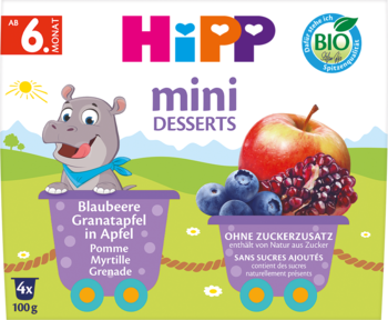 HIPP Mini ,przecier owocowy dla niemowląt, Jabłka-Jagody-Granaty, ekologiczny, po 6. m-cu,przód