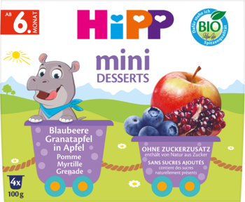 Opakowanie HiPP mini DESSERTS z wesołym hipopotamem, jabłkiem, jagodami i granatem. Bez cukru, od 6. miesiąca.
