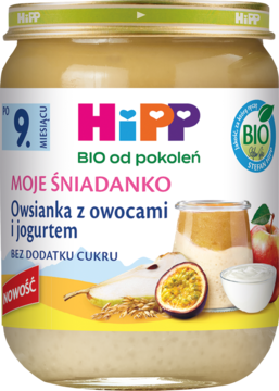 HIPP BIO od pokoleń Moje Śniadanko,owsianka z owocami i jogurtem, po 9. m-cu,przód
