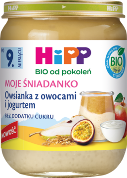 HiPP BIO Owsianka z owocami i jogurtem, słoiczek dla dzieci po 9. miesiącu, bez dodatku cukru, widok z przodu.