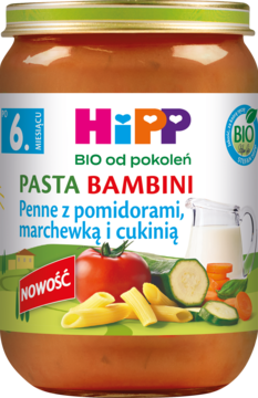 Słoik HiPP BIO Pasta Bambini Penne z pomidorami, marchewką i cukinią, widok z przodu. Etykieta z ilustracjami.