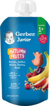 GERBER Junior Autumn Fruits,deserek w tubce, Banan, Jabłko, Wiśnia, Śliwka, Musli, po 1. r.ż.,przód