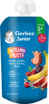 Gerber Junior Autumn Fruits deserek z bananem, jabłkiem, wiśnią, śliwką, musli w niebieskiej tubce.