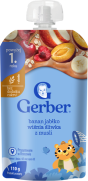 Niebieska tubka Gerber deserek banan, jabłko, wiśnia, śliwka z musli, dla dzieci powyżej 1 roku, widok z przodu.