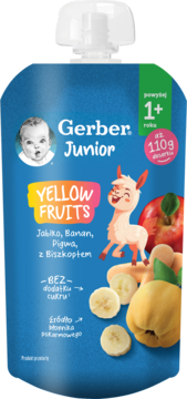 Niebieska tubka Gerber Junior Yellow Fruits 110g: jabłko, banan, pigwa z biszkoptem. Bez cukru, dla dzieci 1+.