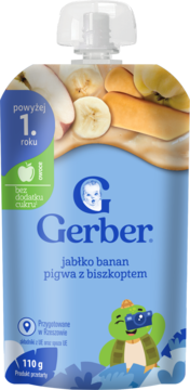 Niebieski deserek Gerber jabłko banan pigwa z biszkoptem 110g, dla dzieci powyżej 1. roku, bez cukru, widok z przodu.