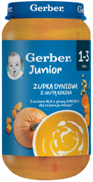 Słoiczek Gerber Junior z zupką dyniową z kokosem, dla dzieci 1-3 lat, na niebieskiej etykiecie dynia i miseczka.