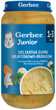 Słoik Gerber Junior Delikatna Zupka Kalafiorowo-Brokułowa, 1-3 lata, z Omega-3 na rozwój mózgu, widok z przodu.