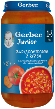 Słoik Gerber Junior Zupka Pomidorowa z Ryżem dla 1-3 lat, z OMEGA-3, widok z przodu, niebieska etykieta.