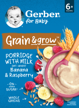 Granatowa kaszka Gerber Grain & Grow Banana & Raspberry 6+ miesięcy, bez cukru, widok z przodu opakowania.