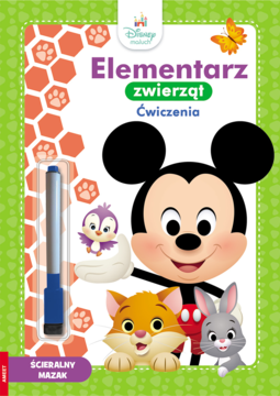Zielony Elementarz zwierząt Ćwiczenia Disneya, widok z przodu. Kolorowa okładka z Mickey Mouse, zwierzętami i ścieralnym mazakiem.