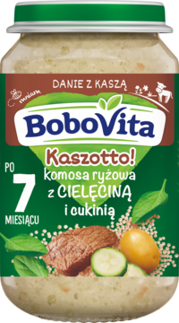 BoboVita Kaszotto! komosa ryżowa z cielęciną i cukinią w słoiczku z zieloną pokrywką, od 7 miesiąca.