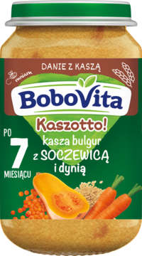 Słoik BoboVita Kaszotto! z kaszą bulgur, soczewicą i dynią, zielona etykieta, dla dzieci po 7mż, widok z przodu.