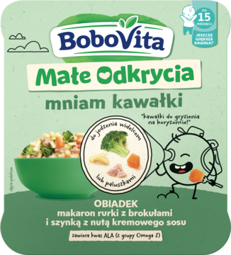 BoboVita Małe Odkrycia obiadek dla dzieci 15m+, makaron, brokuły, szynka w sosie, zielone opakowanie, widok z przodu.