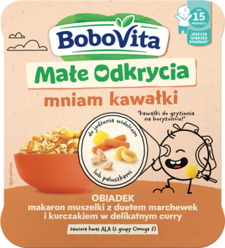 Opakowanie BoboVita Małe Odkrycia makaron muszelki, kurczak i marchewka w curry, 15 miesięcy.