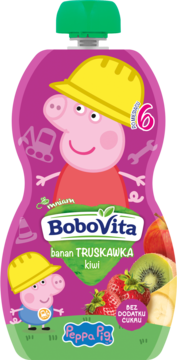 Różowy mus BoboVita Peppa Pig w tubce, Banan-Truskawka-Kiwi, bez cukru, dla 6m+, widok z przodu.