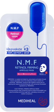 Maska Mediheal N.M.F Retinol Firming Upgrade EX X3, biało-niebieska, z grafiką ampułki, widok z przodu.