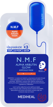 Mediheal N.M.F Alpha Arbutin Glow Ampoule Mask w białej saszetce z niebieską pipetą, widok z przodu.