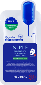 Maska do twarzy Mediheal N.M.F Panthenol Soothing Ampoule Mask, biała saszetka z niebieskim designem, widok z przodu.