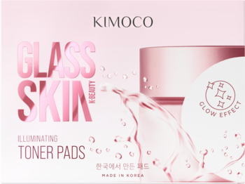 Front różowo-białego opakowania Kimoco Glass Skin Illuminating Toner Pads K-Beauty, nawilżających płatków do twarzy.