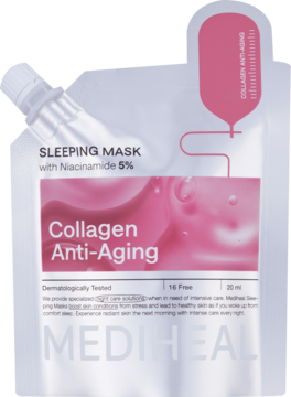 Mediheal Collagen Anti-Aging Sleeping Mask, szara saszetka z różowym nadrukiem, 5% niacynamidu, widok z przodu.
