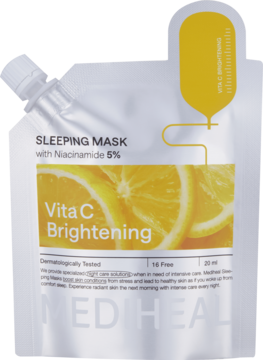 Maska Mediheal Vita C Brightening Sleeping Mask, biała saszetka z pomarańczą, 5% niacynamid, widok z przodu.