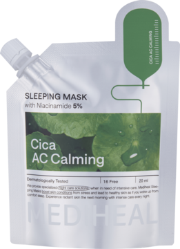 Mediheal Cica AC Calming Sleeping Mask z 5% niacynamidem, biała saszetka z zielonymi liśćmi, widok przód, pod kątem.